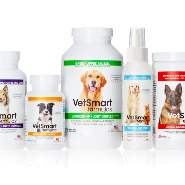 Product photography on white surface of VetSmart Formulas pet vitamins
