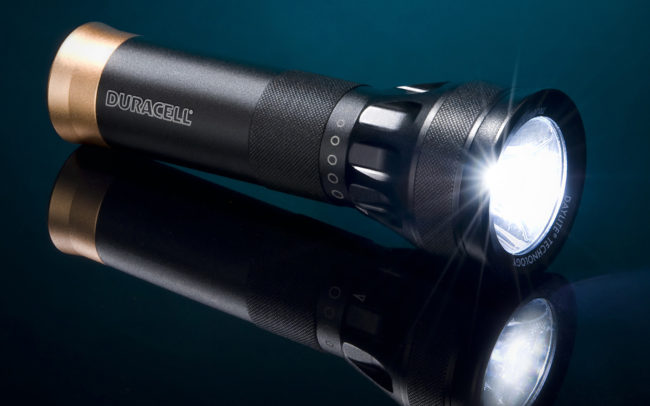 Duracell flashlight on black plexiglass by Albiston Creative