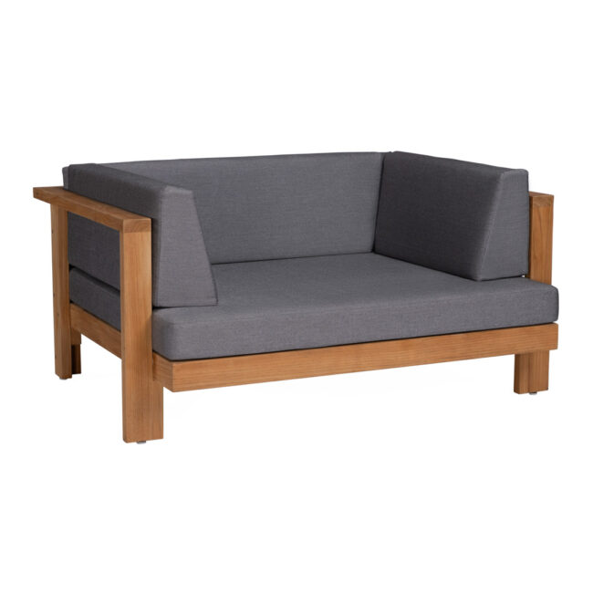 Teak love seat sofa with grey fabric cushions