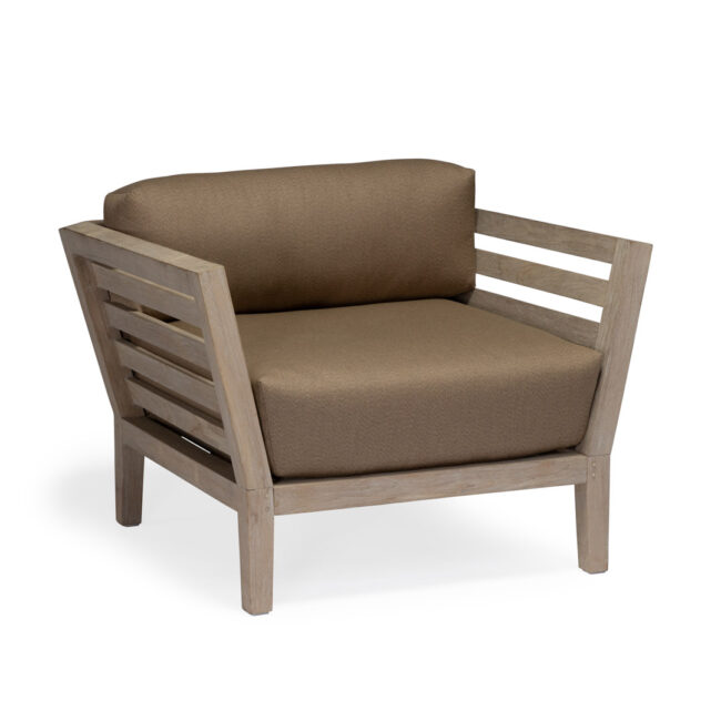Three-quarter view of Romeo Weathered Teak chair
